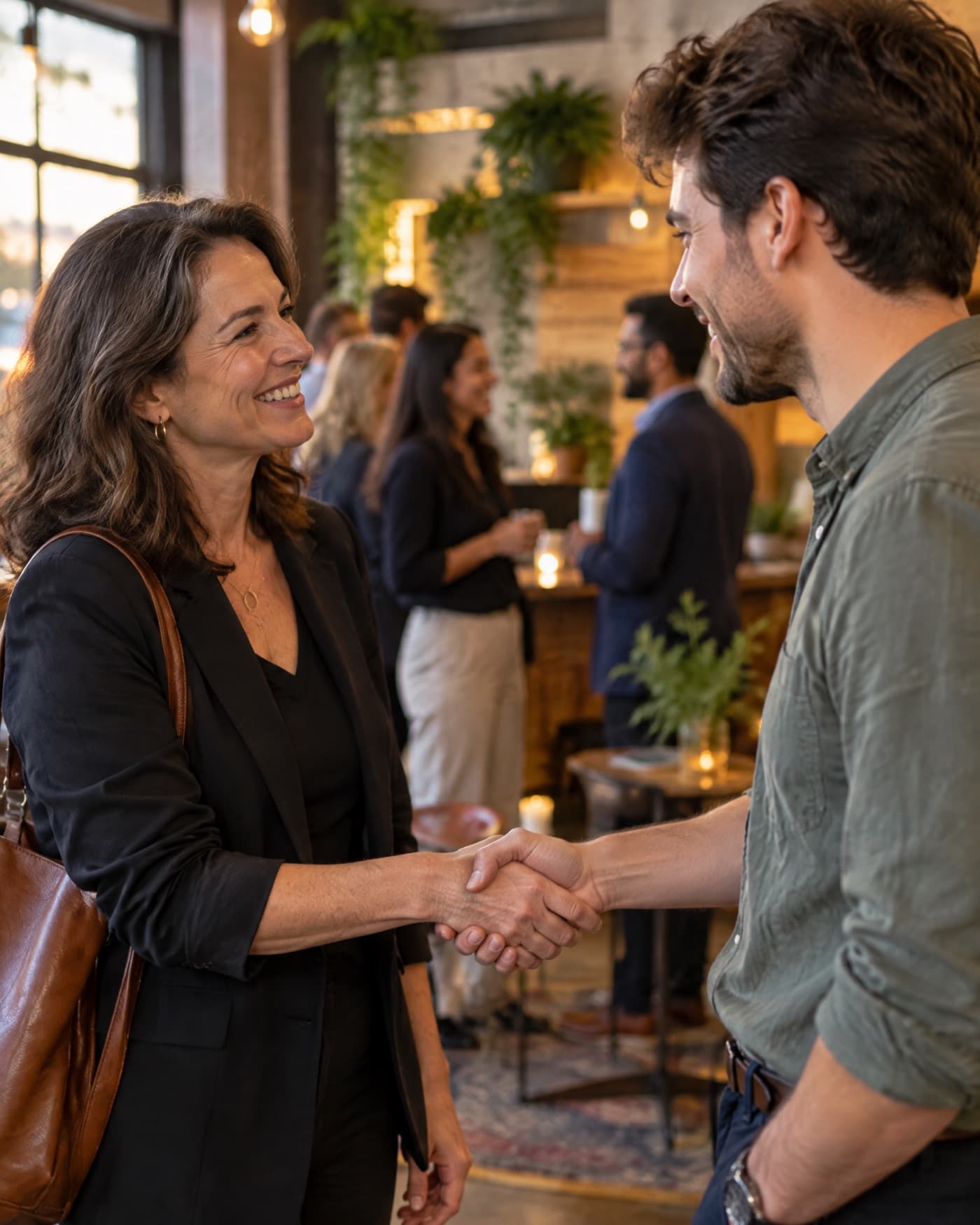 Zwei Menschen begrüßen sich mit Handschlag bei einem Business-Treffen