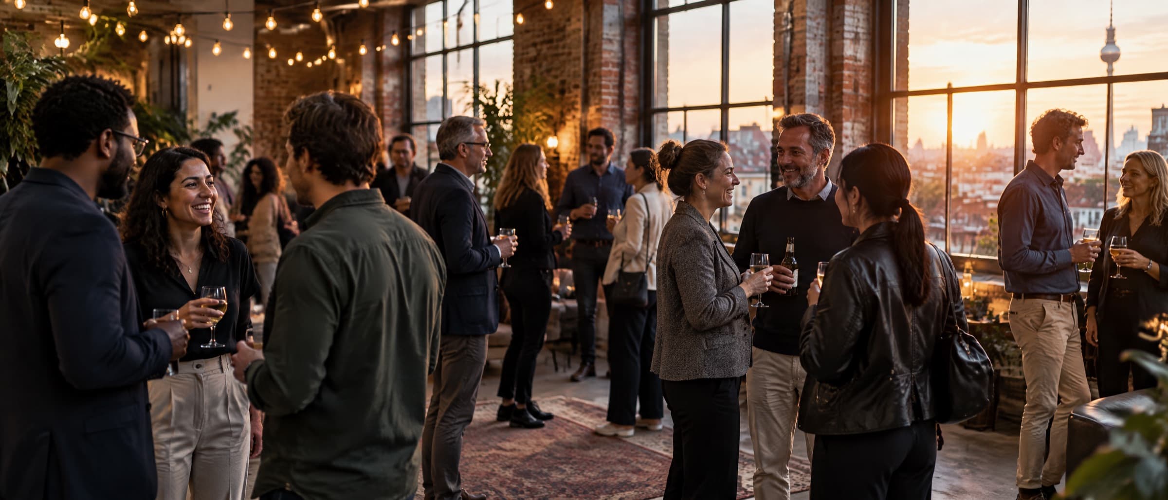 Menschen im Gespräch bei einem abendlichen Business-Treffen in einem Loft