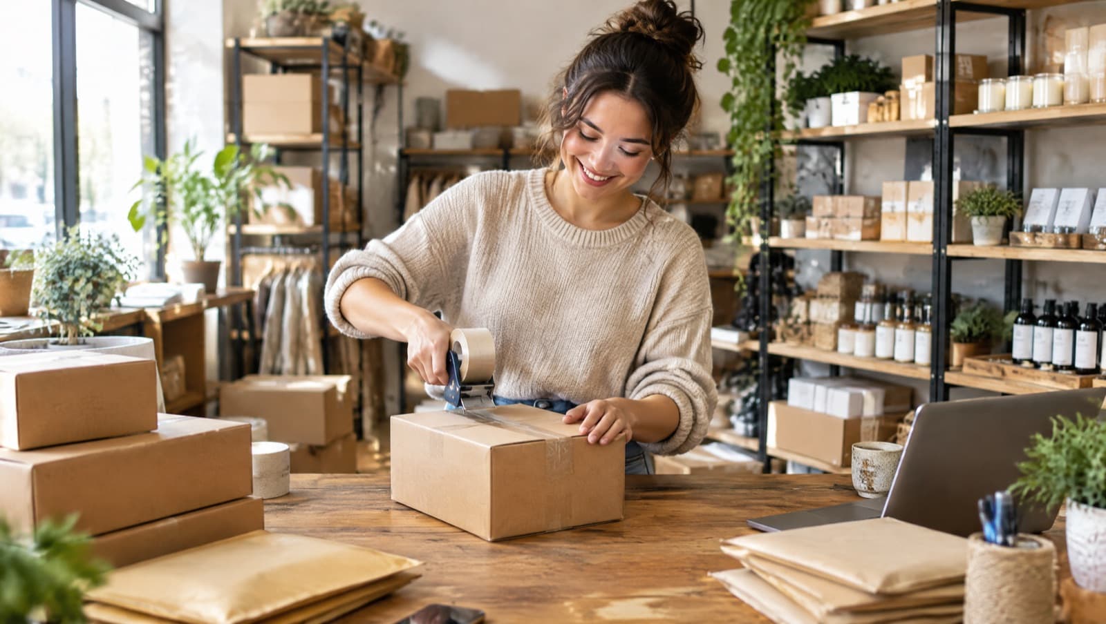 Eine Gründerin packt in ihrem Laden ein Paket