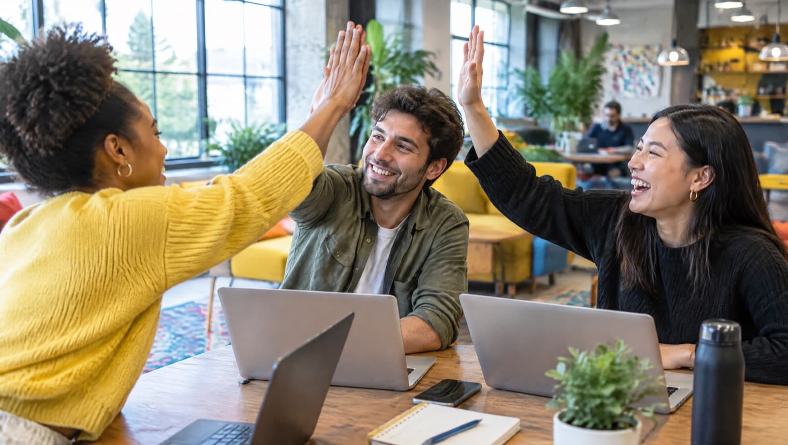Ein Team feiert im Büro mit einem High five