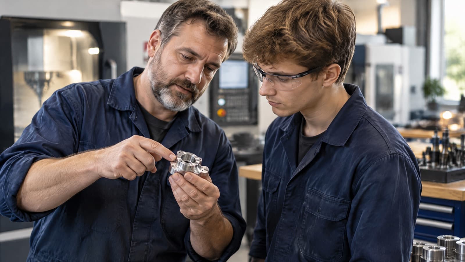 Zwei Fachleute prüfen ein Werkstück in einer Produktionshalle
