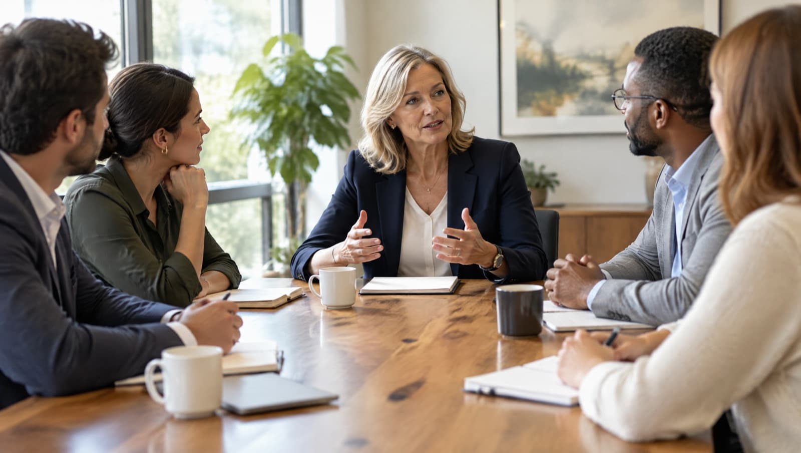 Eine Führungskraft spricht mit ihrem Team am Besprechungstisch